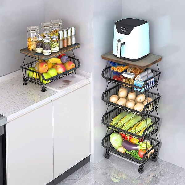 JEOBEST Obstschale Küchenwagen,Gemüseregal, 4-Stufiger Stapelbarer Obstkorb, Gemüsekorb aus Metall, Holzplatte, Stapelbarer