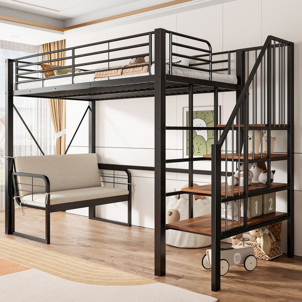 Merax Hochbett, Etagenbett (90 x 200 cm ) Jugendbett, Kinderbett mit stabilem Metallrahmen, Hochbett mit abnehmbarem Polstersofa, Stauraum und Sicherheitstreppe, Schwarz