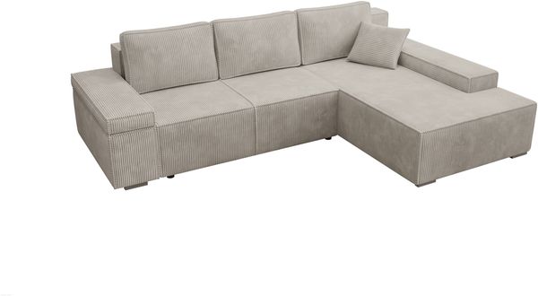 Ecksofa Milo, Sofa mit Schlaffunktion und Bettkasten, Couch L-Form, Sofa Rechts, Cord-Stoff, 273 x 85 x 185 cm, Beige