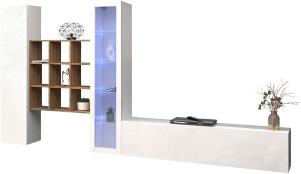 Wohnwand >Benevent< (4-teilig) in Weiß Hochglanz - 350x180x30 (BxHxT)