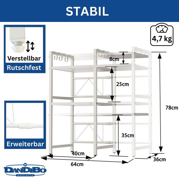 DanDiBo Verstellbares Küchenregal Weiß für Arbeitsplatte Stehend 3 Stufig 40-64 cm Regal Küche 96684 Standregal Bild 2