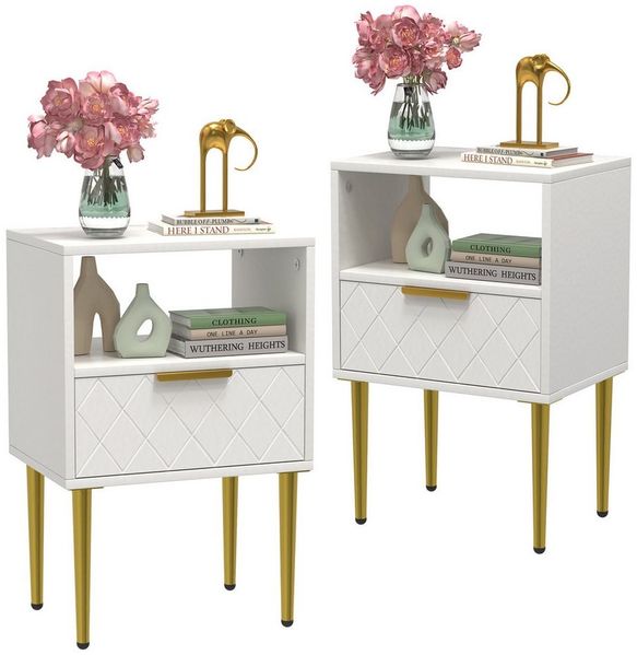 JEOBEST Nachttisch Nachtschrank Beistelltisch mit 1 Schublade und 1 Offenem Fach, Nachtkommode für Schlafzimmer/Wohnzimmer, Goldenen Metallbeinen