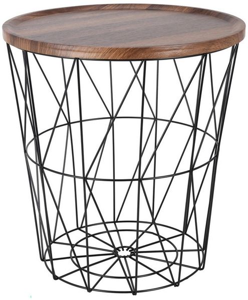 Design Beistelltisch - Metall Korb mit Holz Deckel - dekorativer Sofatisch inkl. Korbablage