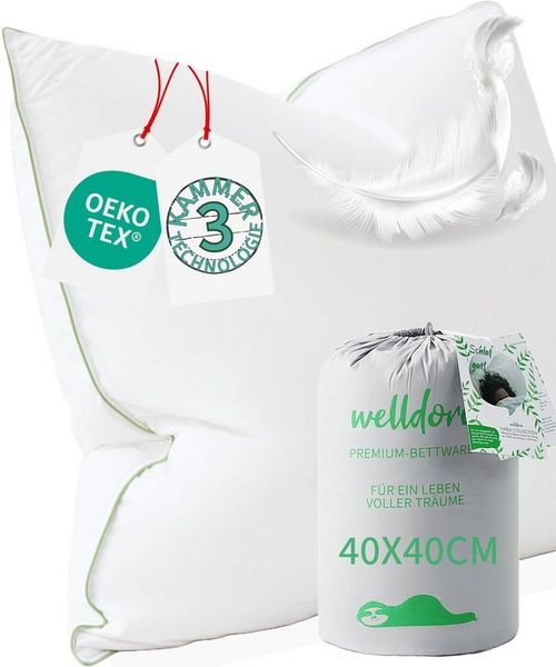 Welldora 3-Kammer-Kopfkissen Premium Kopfkissen, Ergonomisch optimiertes Nackenstützkissen, Füllung: Daunenfasern & Federn, Mittelfestes Kissen fachärztlich geprüft, 40 x 40 cm