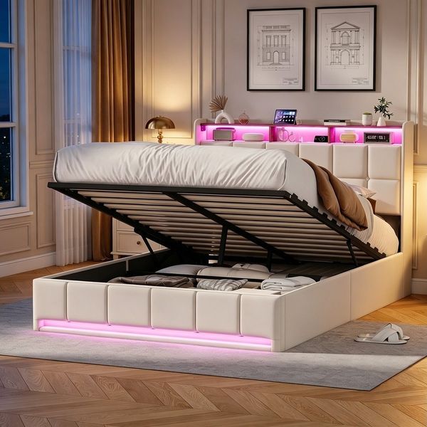 Simurq Polsterbett Doppelbett mit LED Beleuchtung und Ladestation, Hydraulisches Bett (1-tlg, Stauraumbett mit Bettkasten und Kopfteil), Jugendbett mit Lattenrost,140x200 cm, Leinen