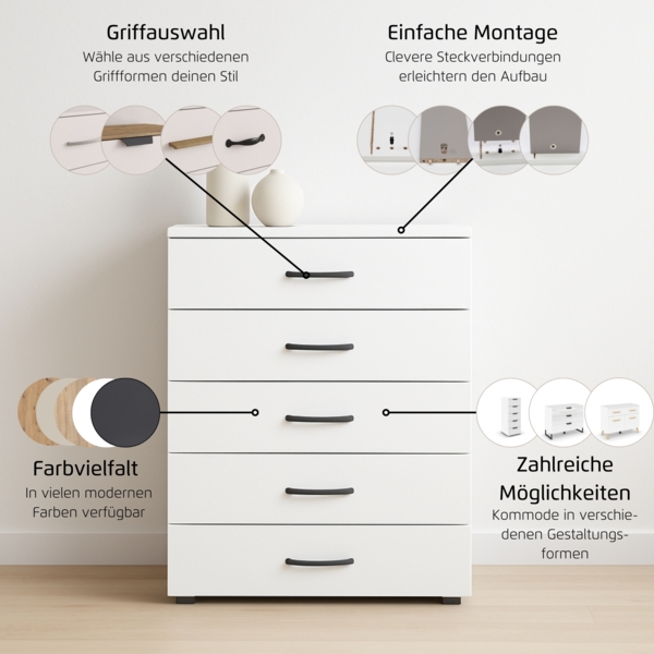 rauch Aditio Box, Kommode, 5 Schubladen, mit Softclose-Funktion, Farbe Weiß/Eiche Artisan, BxHxT 80x100x43cm Bild 5