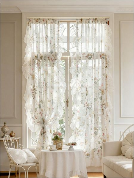 Agger Gardine Kamelien-Blumenmuster-Vorhänge, Transparente Gardine mit Rüschenvolant (2 St), Boho-Vorhänge für Wohnzimmer und Schlafzimmer