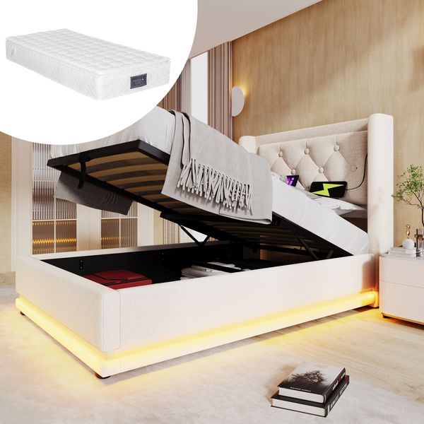 Polsterbett 90x200 cm in Beige mit USB-Ladefunktion und hydraulischem Stauraum (Mit Matratze)