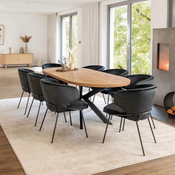 HOME DELUXE Essgruppe Oval Ausziehbar inkl. Sternfuß - 160 x 100 cm Light Oak 8 Stühle Schwarz