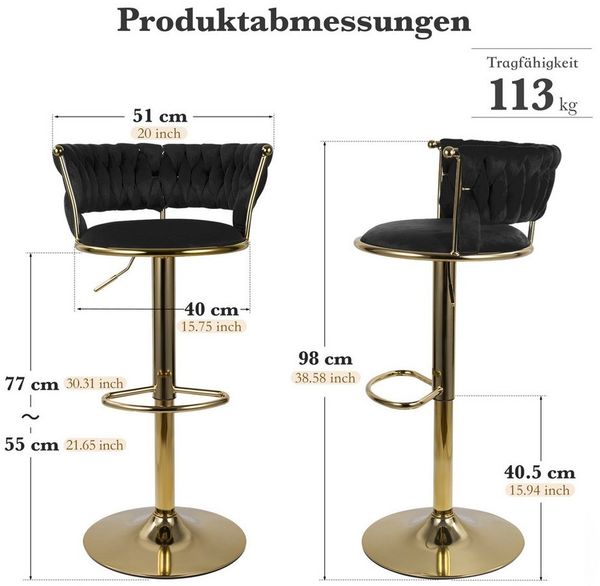 HawthyHome Barhocker Barstuhl mit Rückenlehne und Fußstütze höhenverstellbar drehbar (2 St), mit goldener Metallbasis, Schwarz