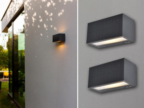 HYBRID LED Außenwandleuchten 2er SET, Solar & Strom 230V, Anthrazit, 18 x 9 x 8 cm