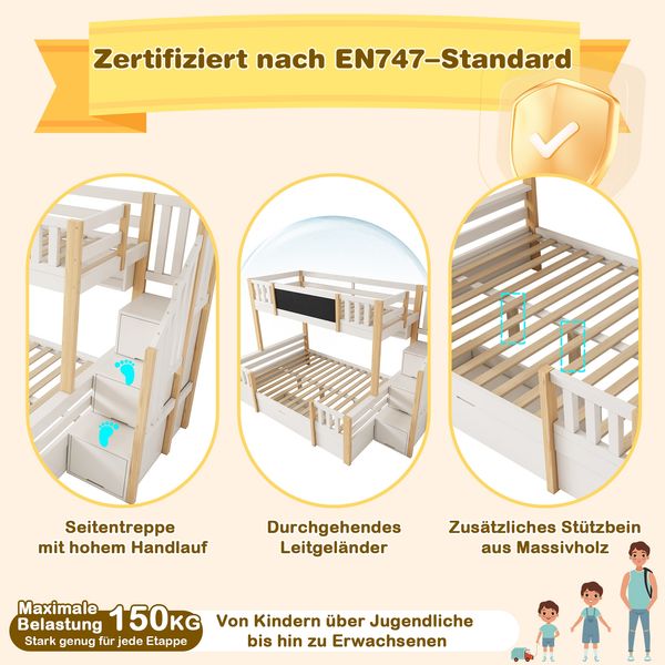 Merax Etagenbett 90x200 & 140x200cm Jugendbett Hochbett/Stockbett aus Massivholz mit Kreidetafel, Stauraum-Treppe, 2 Schubladen und Leiterschrank, Weiß Natur Bild 5