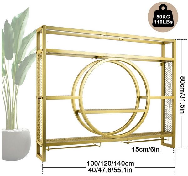 XERSEK Weinregal Wandmontierte Metal Flaschenregal Schwarz Gold Wein Regal Rack Schrank, Platz für 30 Flaschen, Maximale Belastung 50 kg, Klassischer Stil, 3 Ebenen, Aus Kohlenstoffstahl