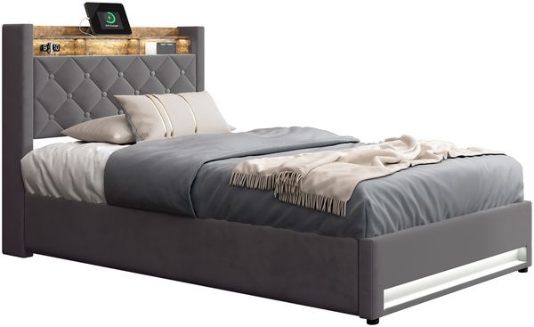 Polsterbett mit Lattenrost Samt,erhältlich Hochelastischer Schaum,Mit LED-Lichtleiste und USB-Aufladung,180*200cm Bild 5