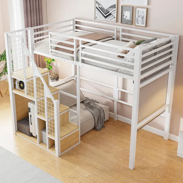 Hochbett mit Rausfallschutz, Treppe, Lattenrost und Regal, 90x200 cm, Metallbett, Jugendbet