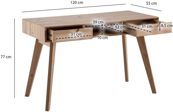 Schreibtisch 120x55x77 cm Eiche Dekor mit Stauraum, Design Bürotisch Skandinavisch mit Schubladen, HomeOffice Laptoptisch Computertisch Arbeitszimmer mit Massivholzbeine Bild 3