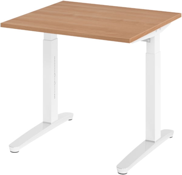 bümö manuell höhenverstellbarer Schreibtisch 80x80 in Nussbaum, Gestell in weiß/alu - PC Tisch höhenverstellbar & klein, höhenverstellbarer Tisch Büro, kleiner Computertisch verstellbar, X08-N-WC