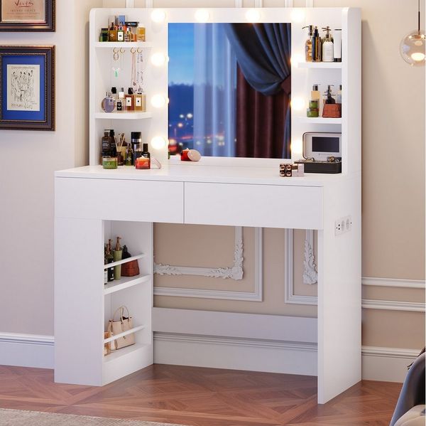 HOMALL Schminktisch mit Spiegel, LED-Beleuchtung, einstellbare Helligkeit, ostern (Langex Brete x Hthe) 90/110 x 40x 135 cm. B ofene Facher (2 seitiche Facher sind nach inks und rechts verschiebban. 2 groBe Schubladen)