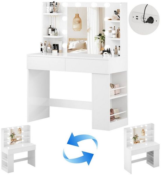 HOMALL Schminktisch mit Spiegel, LED-Beleuchtung, einstellbare Helligkeit, ostern (Länge × Breite × Höhe) 90/110 × 40 × 135 cm, 8 offene Fächer (2 seitliche Fächer sind nach links und rechts verschiebbar), 2 große Schubladen – Ostergeschenk)
