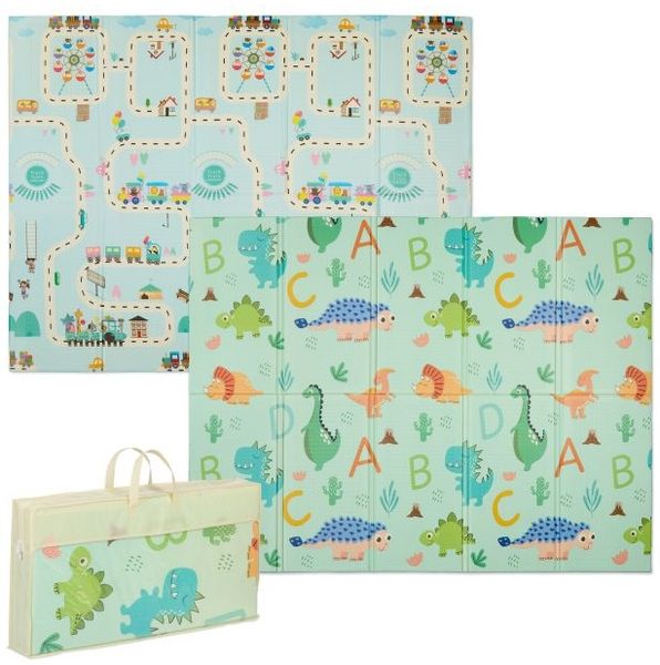 Relaxdays Faltbare Spielmatte Dinosaurier und Zug
