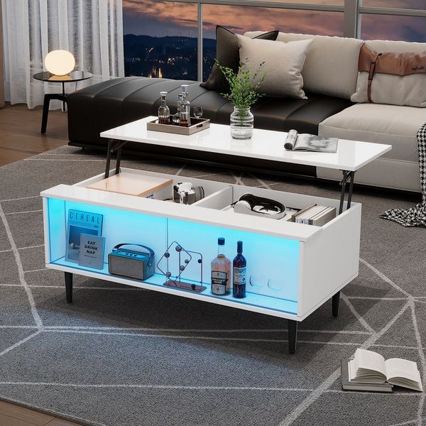 REDOM Couchtisch 105 x 50 x 43 cm, höhenverstellbar bis 58 cm (Satztisch, Wohnzimmertisch, Sofatisch, 1-St, Ausstellungsfläche aus gehärtetem Glas), mit Verstecktem Stauraum, LED-Licht