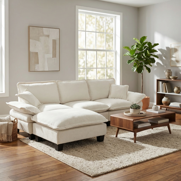 Ecksofa aus Chenille 264x155x90 cm mit Ottomane & 2 Kissen, beige