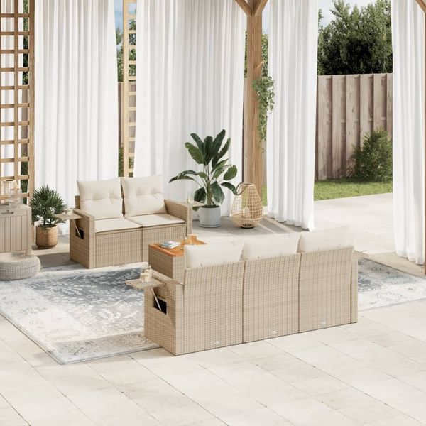 vidaXL 6-tlg. Garten-Sofagarnitur mit Kissen Beige Poly Rattan 3256779