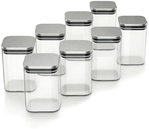 Arendo Aufbewahrungsbecher Glasbehälter-Set 8x 1,2 L Borosilikat quadratisch mit Edelstahldeckel, Borosilikatglas, Edelstahl, Silikon, (Vorratsbehälter-Set, 8-tlg, 8er Set), luftdicht, hitze & kältebeständig, Mikrowellen & spülmaschinengeeignet