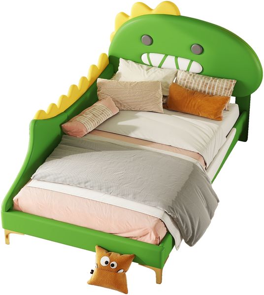 PU Cartoon Dinosaurier Flach-Kinderbett 90x200 cm, Grün, Einzel-Flachbett ohne Matratze