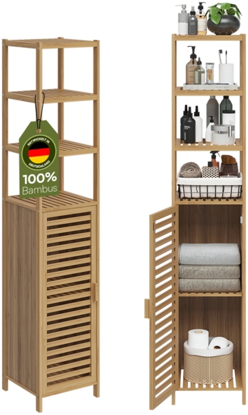 Bellamio 'Newa' Badezimmer Hochschrank, Bambus, natur, 165x33x33 cm, Badezimmerschrank mit 5 Ablagefächern