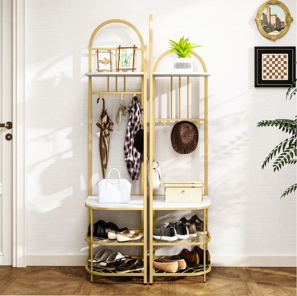 KOMFOTTEU Kleiderständer, Eck-Garderobe mit Sitzbank, 6 Haken & Ablageflächen Bild 3