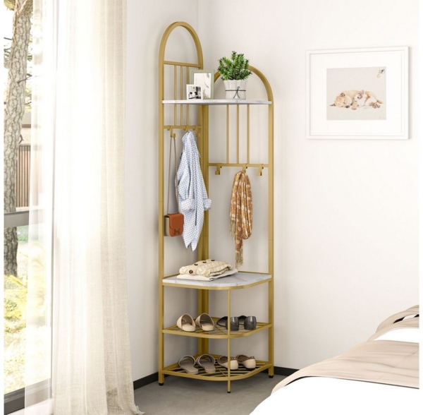 KOMFOTTEU Kleiderständer, Eck-Garderobe mit Sitzbank, 6 Haken & Ablageflächen Bild 2