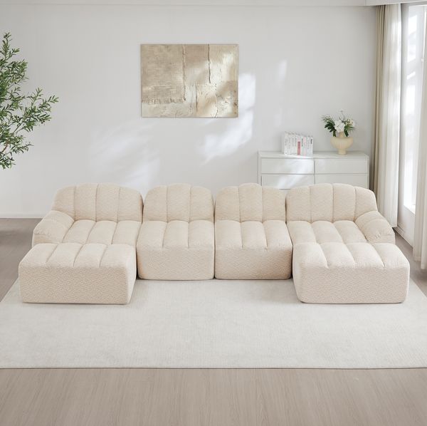 Modulares Ecksofa aus Fleece, U-/L-Form, 4-Sitzer mit 2 Ottomanen, 366 x 165 x 79 cm, Beige Weiß