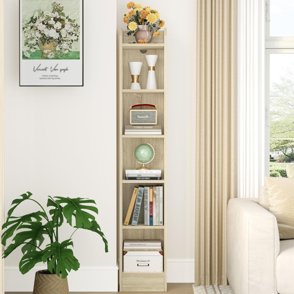 Bücherregal, 6-stöckiges Standregale, Aufbewahrungsregal, Regal für Sammlerstücke, Verstellbare Paneele, für Wohnzimmer, Büro, 24 x 30 x 169,5 cm, Weißeiche und Weiß