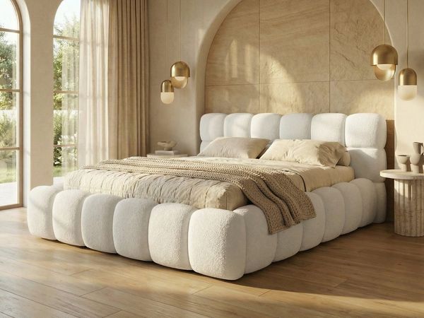 yourhouse24 Polsterbett Boston Slim Bouclé kompaktes Wolkenbett mit Bettkasten, Bubble-Optik & Japandi