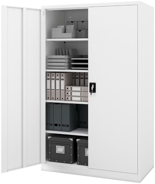 Aktenschrank abschließbar JAN - 5 Ebenen verstellbar, Flügeltüren | Metallschrank Werkstatt Mehrzweckschrank Büroschrank aus Stahl Werkzeugschrank, 185x115x60cm Weiß