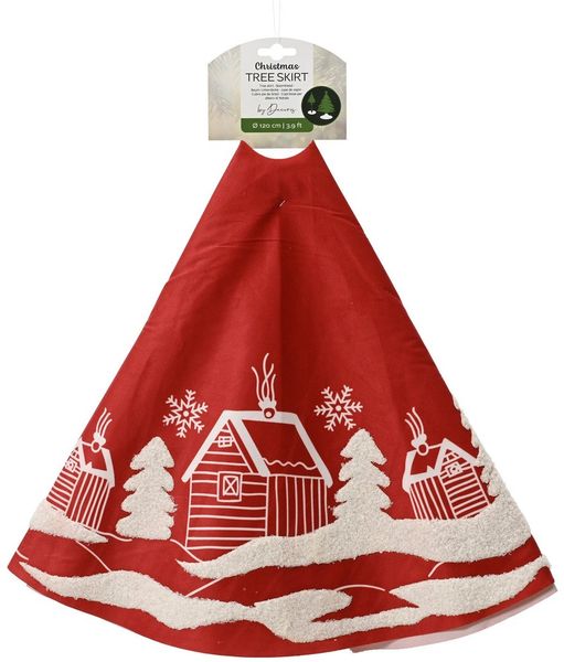 Kaemingk Weihnachtsbaumdecke, Weihnachtsbaumdecke 90cm mit weißem Winterlandschaft Motiv Rot