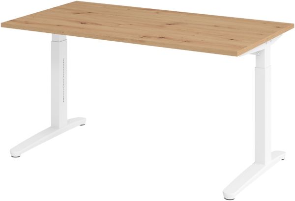 bümö manuell höhenverstellbarer Schreibtisch 140x80 in Asteiche, Gestell in weiß - PC Tisch höhenverstellbar & klein, höhenverstellbarer Tisch Büro, kleiner Computertisch verstellbar, X14-R-WW