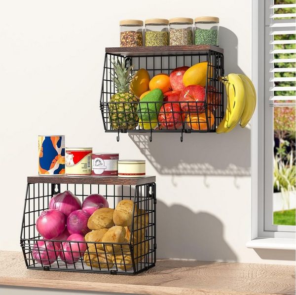 BlingBin Hängekorb Hängender Obstkorb mit Holzdeckel, Wandkorb Küchenorganisator (2 Stück, 2 St, 30L x 16B x 20H cm), Stapelbar Gemüsekorb mit 4 Haken für Obst Aufbewahren und Gemüse