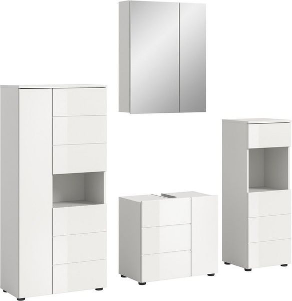 welltime Badmöbel-Set BIEL, Höhe 190 cm, Midischrank, Unterschrank, Spiegel, Standschrank, (4-St), Bad Set, modernes Design, Hochschrank, Unterschrank, Spiegel