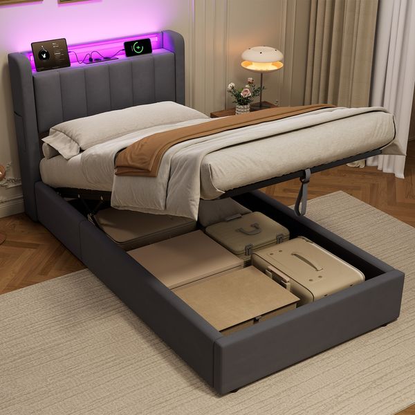 Polsterbett 90×200 cm mit hydraulischem Bettkasten, LED-Beleuchtung und USB-Anschluss