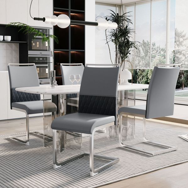 Esszimmerstuhl mit Sitzfläche 42x45 cm – ergonomischer Stuhl in Grau mit PU-Kunstleder, Leinen und Metallgestell