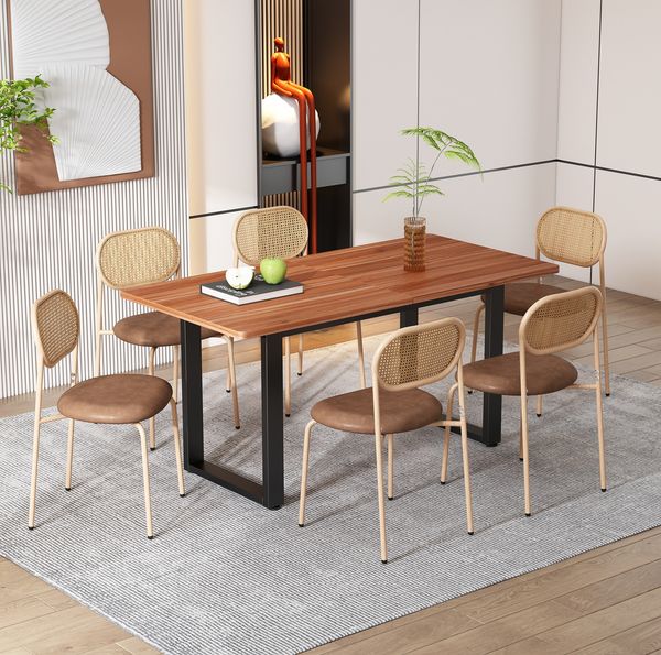 Esszimmerstuhl 6er-Set 80cm×48cm×46cm mit ovaler Rattan-Rückenlehne, PU-Sitz und Metallbeinen