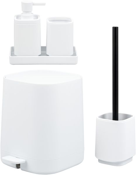 eluno Bad-Set VALONA 5tlg. mit Seifenspender, Becher, Schale, Kosmetikeimer 4,5 Liter und WC-Garnitur aus Kunststoff in Weiß