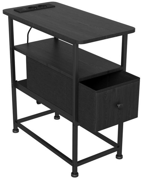 Simurq Beistelltisch schmal, Nachttisch, für Wohnzimmer, Schlafzimmer, 60 x 30 x 62 cm (1Tisch, 1 Schublade, 2 Regalböden), mit Ladestation, USB & Steckdose