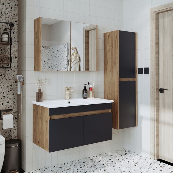 Roomart ATRIA-85 Badmöbel Set– 4-teiliges Badezimmermöbel Set - Waschbeckenunterschrank mit Keramikwaschbecken, Spiegelschrank & Hochschrank - H 45 x B 45 x T 85 cm • Anthrazit-Eiche