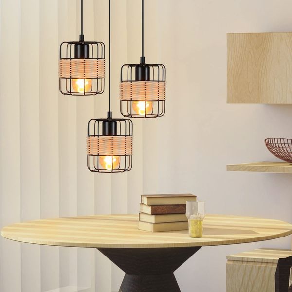 ZMH Pendelleuchte Esstisch Hängelampe Vintage - Rustikal Esstischlampe Rund Schwarz 3 Flammig Retro Hängeleuchte E27 Rattan Wohnzimmerlampe Hängend Metall Natur für Esszimmer Schlafzimmer Küche
