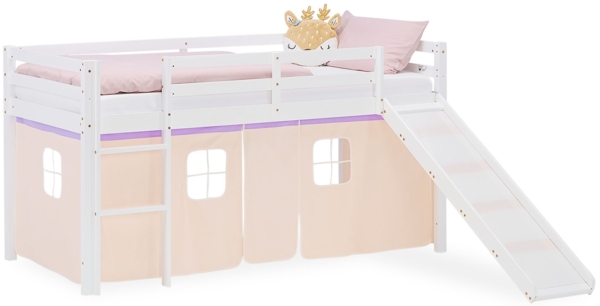 Hochbett Kinder 90x200 cm mit Rutsche Kinderbett Kinderhochbett Stockbett Vorhang Lila Peach Leiter Holz Massiv
