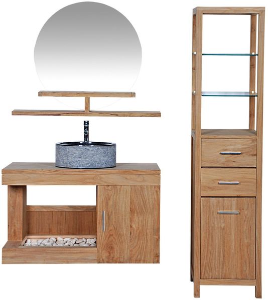 Badmöbel Set Sala Teak Massivholz - Breite vom Unterschrank: 90 cm - Breite vom Spiegel: ohne Spiegel - Anzahl der Hochschränke: 1 Hochschrank - Handtuchhalter: ohne Handtuchhalter