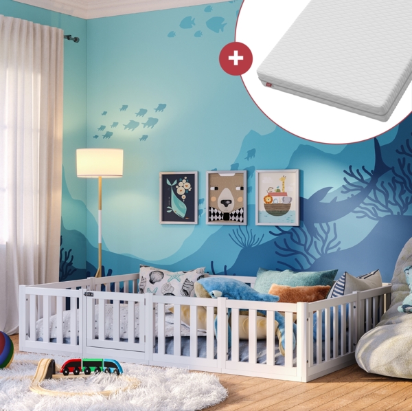 Bellabino 'Tapi' Bodenbett 140x200 cm mit Tür, weiß lackiert, Kiefer massiv, inkl. Lattenrost und Matratze